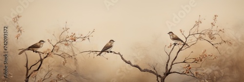 Vintage photo wallpaper with branches and birds on Brown background