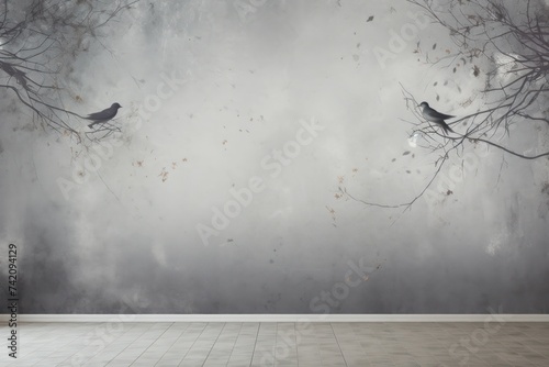 Vintage photo wallpaper with branches and birds on Gray background