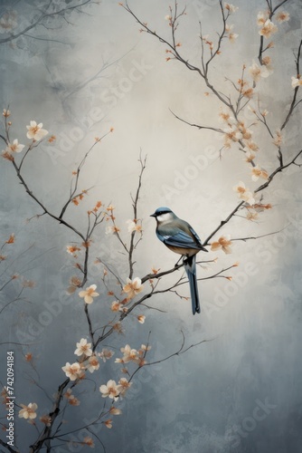 Vintage photo wallpaper with branches and birds on Gray background © Celina