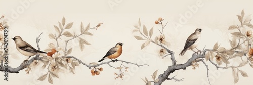 Vintage photo wallpaper with branches and birds on Ivory background
