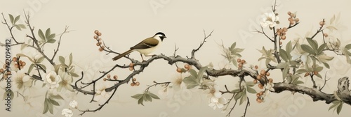 Vintage photo wallpaper with branches and birds on Khaki background