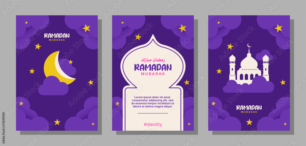 Set of vector A4 size ramadan mubarak for posters, cards, covers, and others. Playful designs with stylish moon and mosque in cloudy sky.