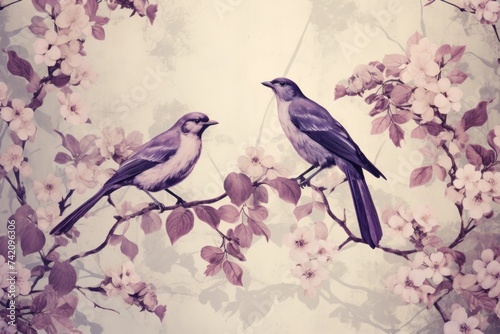 Vintage photo wallpaper with branches and birds on Lilac background © Celina