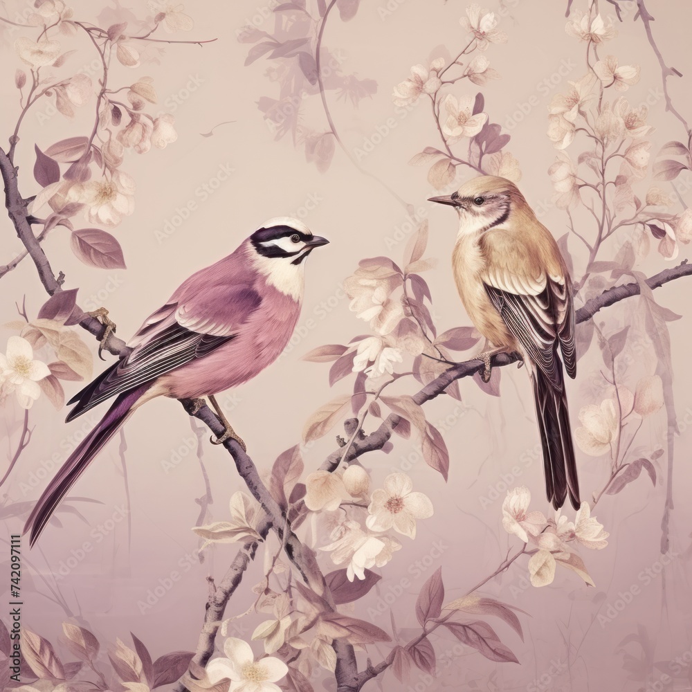 Vintage photo wallpaper with branches and birds on Mauve background