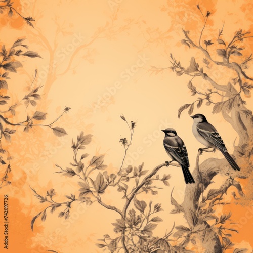 Vintage photo wallpaper with branches and birds on Orange background © Celina