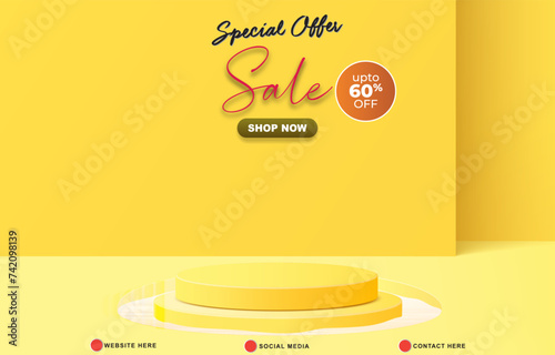 special offer sale discount template banner with blank space 3d podium for product sale with abstract gradient yellow background design