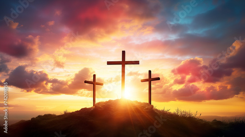 Three Crosses on Calvary Hill Dramatic Sunset at Golgotha