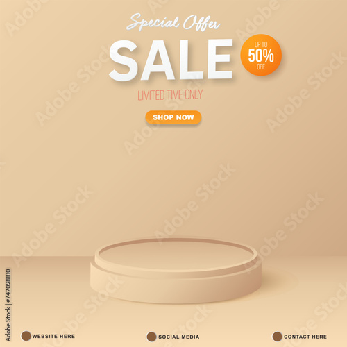 special offer sale discount template banner with copy space 3d podium for product sale with abstract gradient brown and white background design