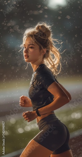 Sprinting Elegance: A captivating scene unfolds as a blonde woman, hair in a bun, sprints fast on a track field. With exquisite detail, her determined expression and long legs create a visual ode to a