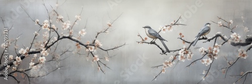 Vintage photo wallpaper with branches and birds on Silver background photo
