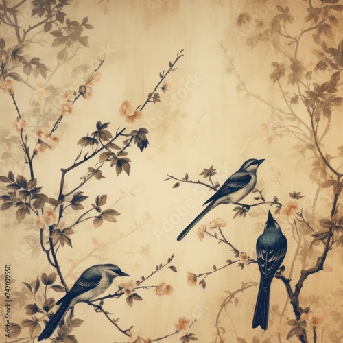 Vintage photo wallpaper with branches and birds on Tan background