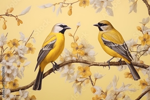 Vintage photo wallpaper with branches and birds on Yellow background