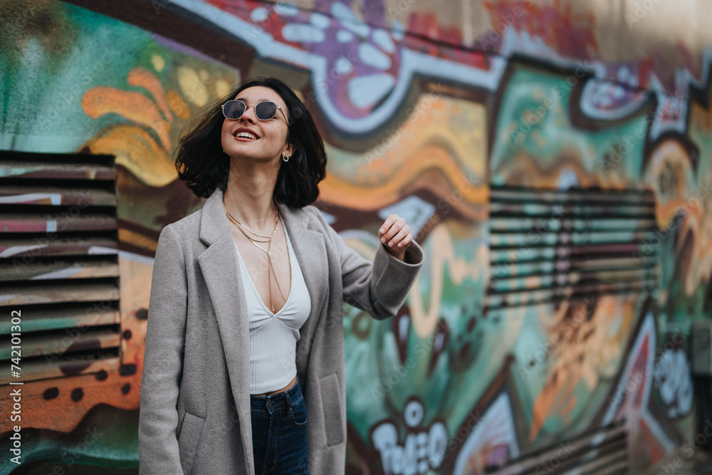 Fototapeta premium A fashionable young girl wearing sunglasses smiles as she walks by a colorful graffiti wall on a city street during fall.