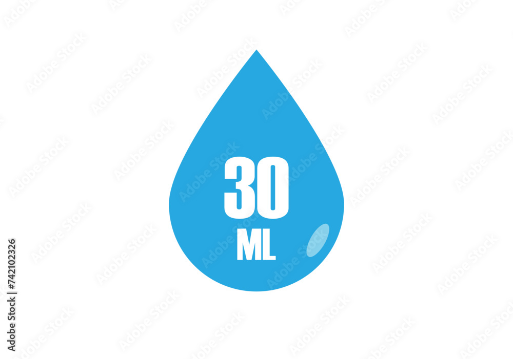 30 ml. Vector volume of 30 milliliters. Liquid drop design isolated on white background 30 ml. Vector volume of 30 milliliters. Liquid drop design isolated on white background