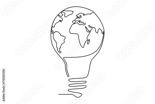 Continuous one line Earth globe inside lightbulb and earth hour outline vector art illustration. Isolated on white background vector illustration Premium vector