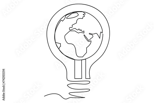 Continuous one line Earth globe inside lightbulb and earth hour outline vector art illustration. Isolated on white background vector illustration Premium vector