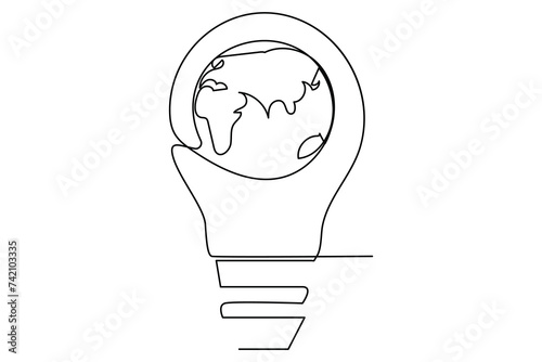 Continuous one line Earth globe inside lightbulb and earth hour outline vector art illustration. Isolated on white background vector illustration Premium vector