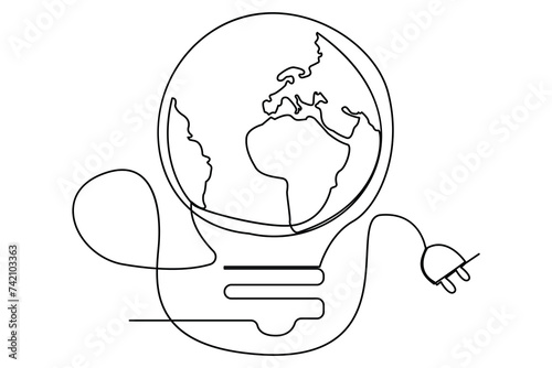 Continuous one line Earth globe inside lightbulb and earth hour outline vector art illustration. Isolated on white background vector illustration Premium vector