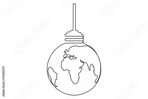 Continuous one line Earth globe inside lightbulb and earth hour outline vector art illustration. Isolated on white background vector illustration Premium vector