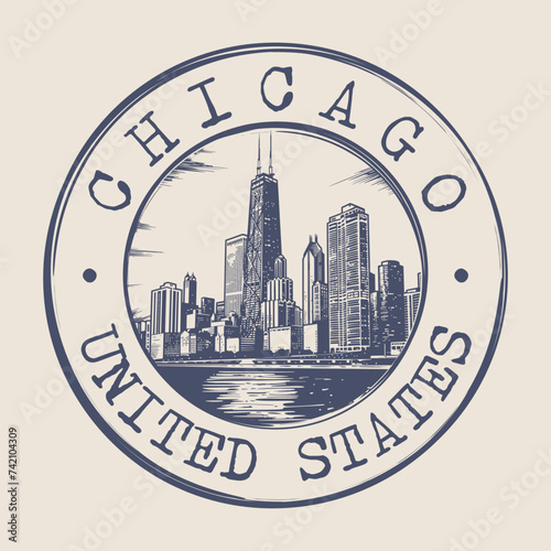 Chicago, Illinois Stamp City Postmark. Silhouette Postal Passport. Round Vector Icon. Vintage Postage Design.