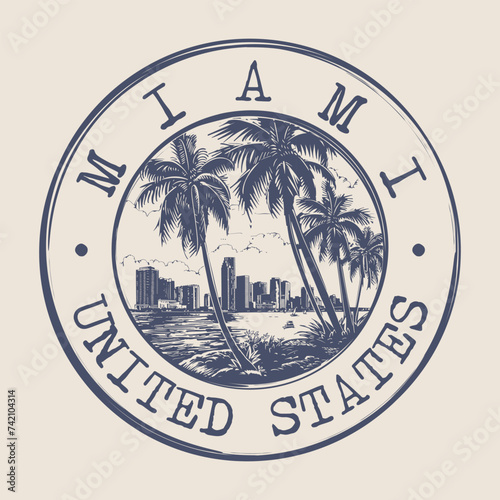 Miami, Florida Stamp City Postmark. Silhouette Postal Passport. Round Vector Icon. Vintage Postage Design.