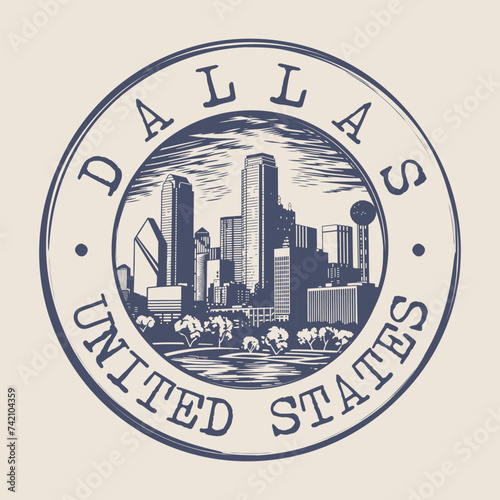 Dallas, Texas Stamp City Postmark. Silhouette Postal Passport. Round Vector Icon. Vintage Postage Design.