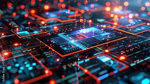 A 3D rendered image showcasing a sophisticated digital circuit board with dynamic data analysis interfaces and glowing connections.