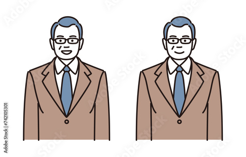 笑顔の中年ビジネスマンのシンプルイラストセット