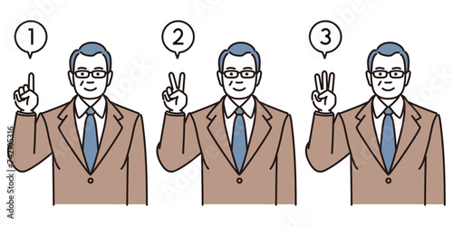 １本、２本、３本の指を立てる中年ビジネスマンのシンプルイラストセット