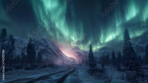 Aurora Borealis Over Snowy Mountain Landscape