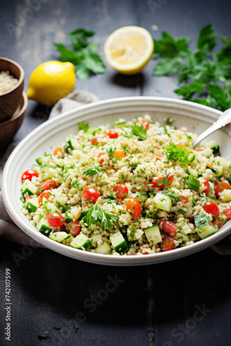 Quinoa tabbuleh salad with cucumber, tomatoes and parsley photo