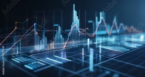  Elevated view of a futuristic cityscape with digital grids and graphs