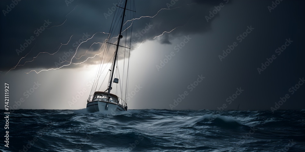 Yacht sailing in a storm with lightning and thunder