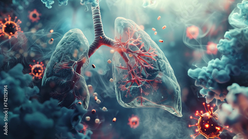 A surreal 3D animation scene of a microscopic battlefield within human lungs, where previously inhaled cigarette smoke particles join forces with invading pneumonia viruses