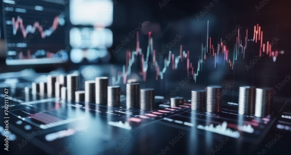  Economic growth and financial success, symbolized by a vibrant stock market and a stack of coins - obrazy, fototapety, plakaty 
