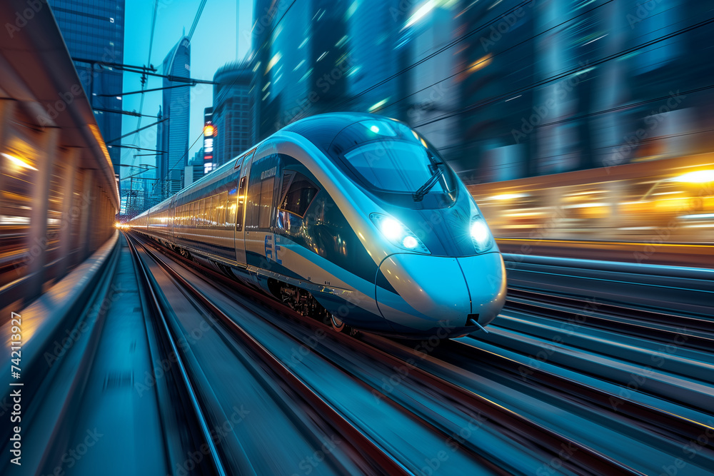 A futuristic high-speed train zooms along the tracks in a bustling urban environment, with the city's evening lights blurring past, showcasing the speed and efficiency of modern urban transportation.
