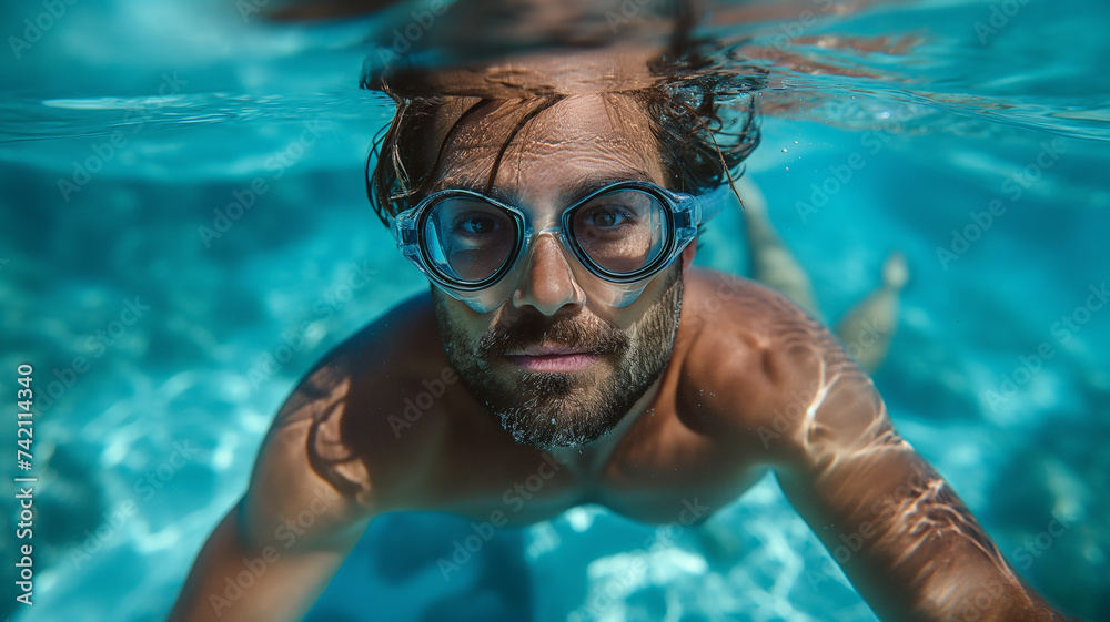 A man posing with swim goggles underwater