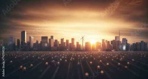  Cityscape at sunrise with wind turbines and blurred traffic