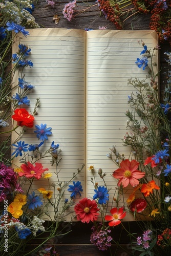 An Empty Long Rule Exercise Book within wilf flowers,  Close-Up Photo for wildflower Invitations & Design, Copy space, photo