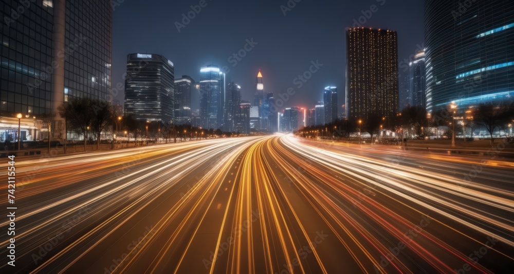  Vibrant cityscape at night with blurred motion of traffic on the highway