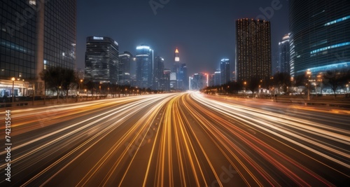  Vibrant cityscape at night with blurred motion of traffic on the highway