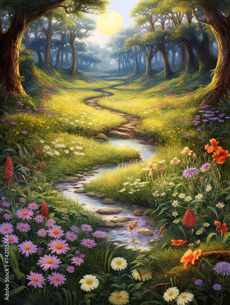 Enchanted Fairy Ring Meadows Garden: Blooming Meadow Magic Scene with Fairy Circles