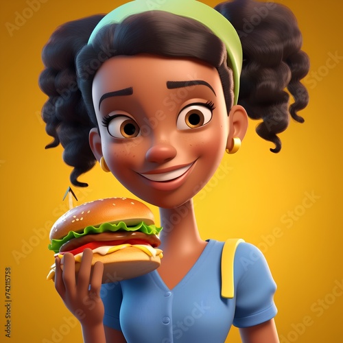 Cheerful african american girl with burger on yellow background photo