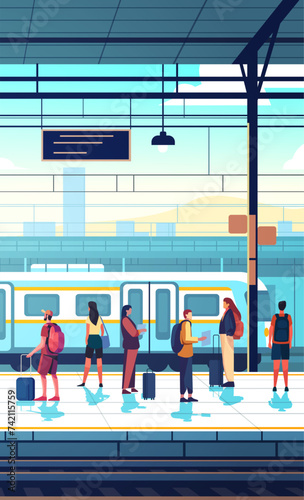 passengers with baggage standing on railway station people waiting on platform public transport transportation concept vertical