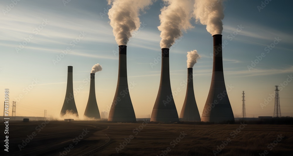  Industrial might - A skyline of towering smokestacks against the sunset - obrazy, fototapety, plakaty 