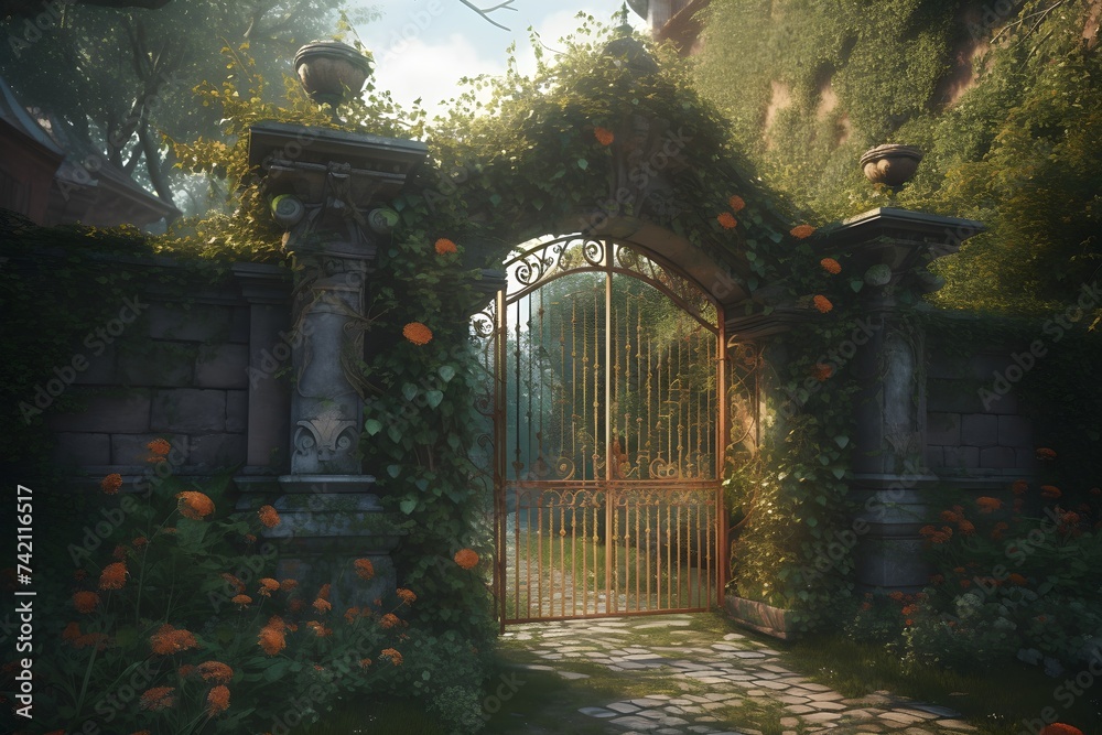 Illustration of an old magic door with ivy and flowers leading to an enchanting garden