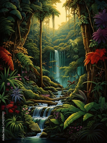 Lush Jungle Waterfalls Earth Tones Art  Serene Cascade of Natural Greens