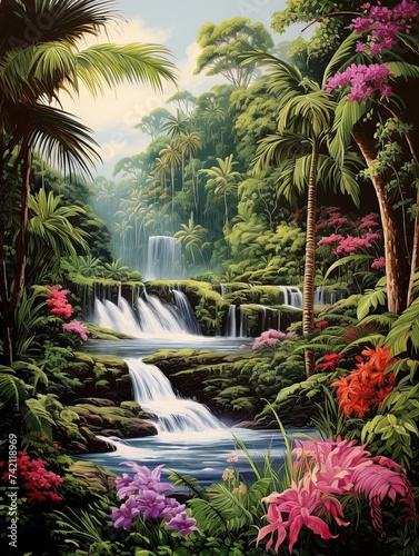 Lush Jungle Waterfalls and Coastal Beauty  Tropical Beach Art