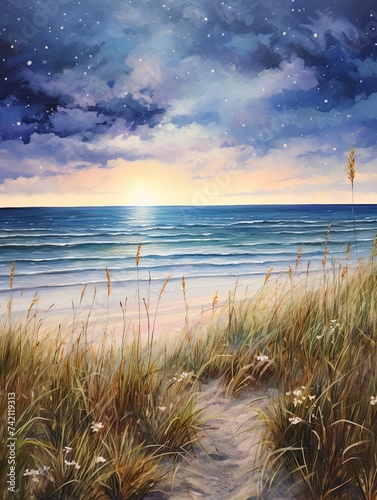 Stardust Beach: Magical Coastal Meadow Painting with Stars