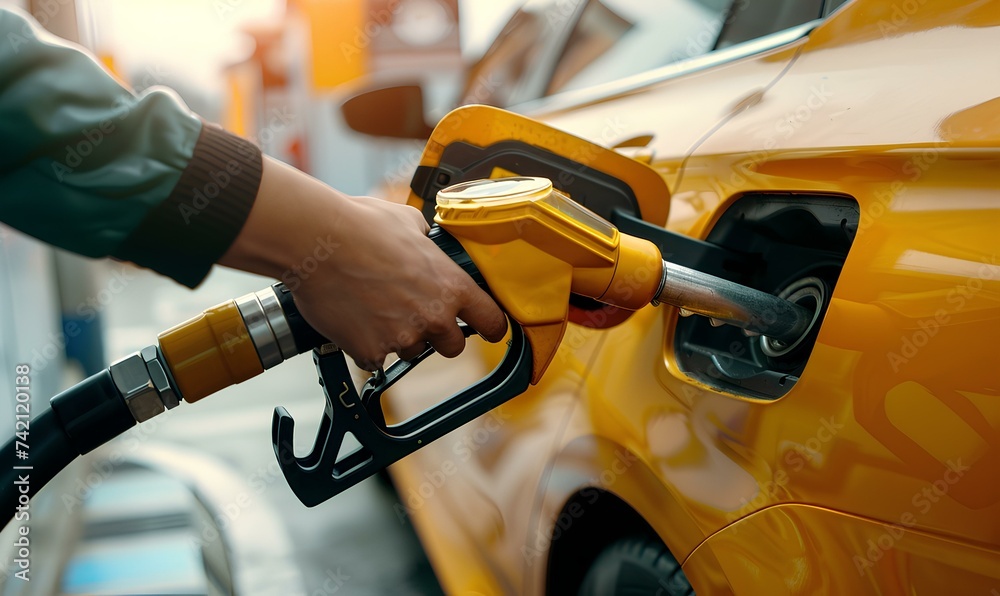 Yellow oil nozzle in gas station. Hands refilling the car with fuel at the gas station, car in gas station, the concept of fuel energy. generative AI